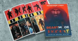 A copy of the AWA Studios graphic novel Beast Mode by Marshawn Lynch, shown both as a closed front cover and open to an interior page featuring comic panels.