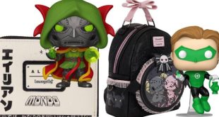 A Doctor Doom Funko Pop figure, a Loungefly backpack with a circular front pocket, and a Green Lantern Funko Pop figure, all released for NYCC 2026.