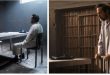 Side-by-side images showing Waleed Zuaiter as a high value target in a white robe, first sitting in an interrogation room with two men, and then standing in a jail cell.
