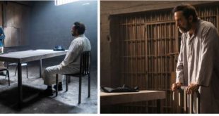 Side-by-side images showing Waleed Zuaiter as a high value target in a white robe, first sitting in an interrogation room with two men, and then standing in a jail cell.