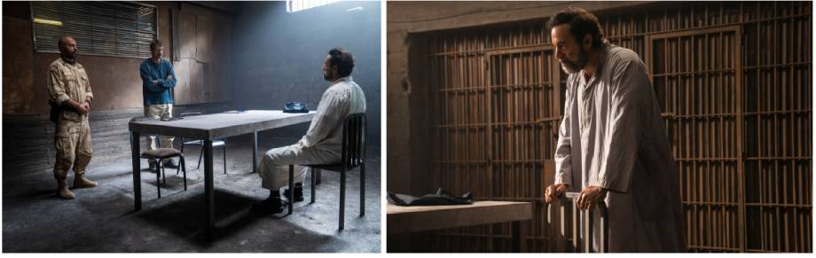 Side-by-side images showing Waleed Zuaiter as a high value target in a white robe, first sitting in an interrogation room with two men, and then standing in a jail cell.