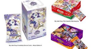 My Little Pony trading cards featuring Friendship Eternal, Hearth’s Warming Eve, and Nightmare Night booster packs and boxes, available at NYCC.